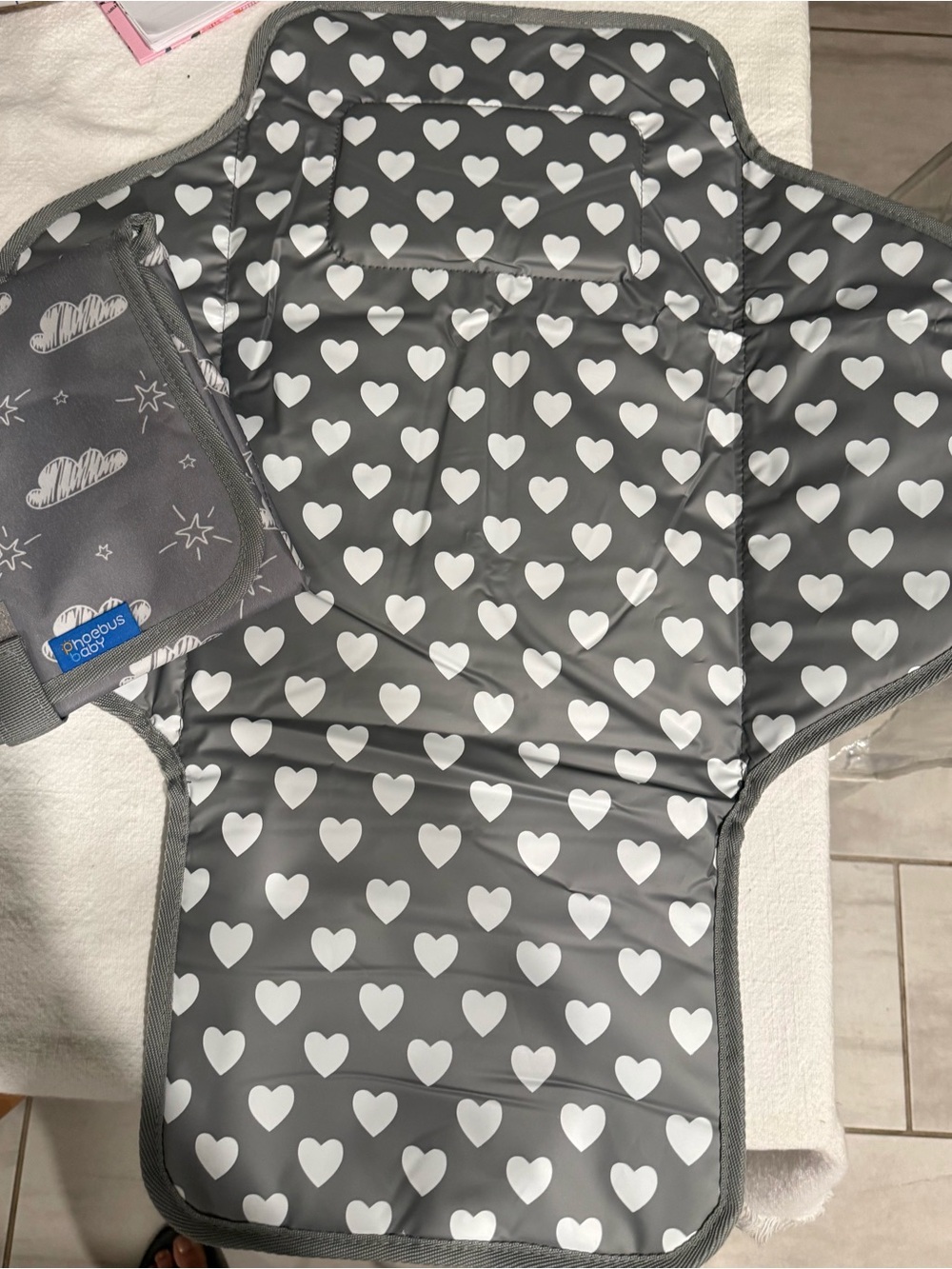 New, Never Used Grey Heart-Print Portable Baby Changing Mat by